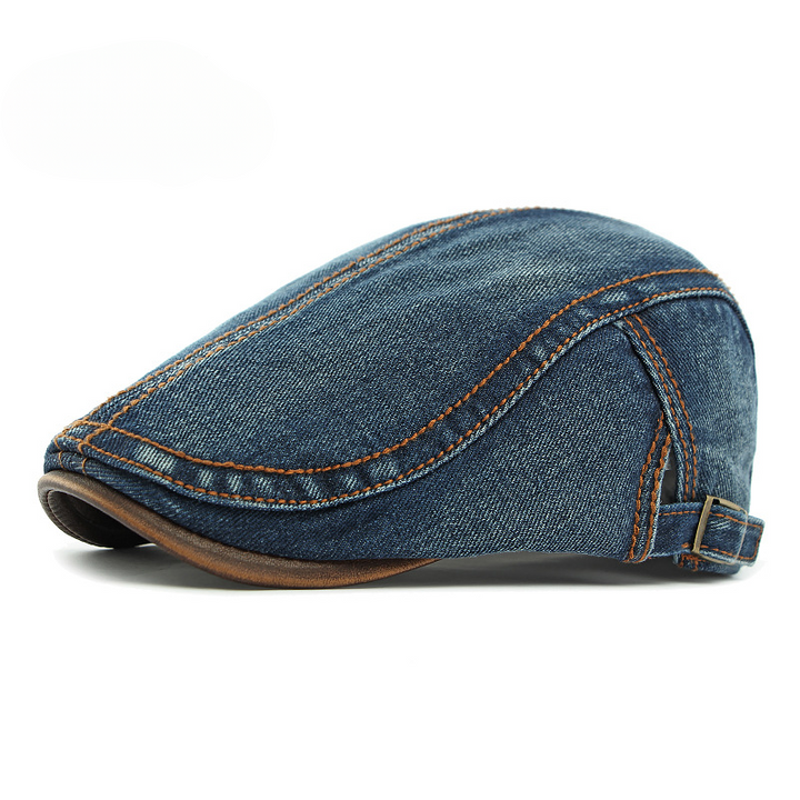 Men's Denim Flat Cap with Contrast Stitching and Adjustable Buckle