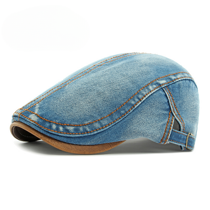 Men's Denim Flat Cap with Contrast Stitching and Adjustable Buckle