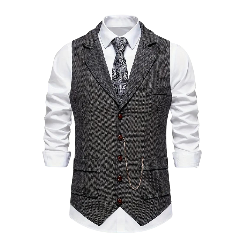 Men's Herringbone Suit Waistcoat with Lapel and Chain Detail