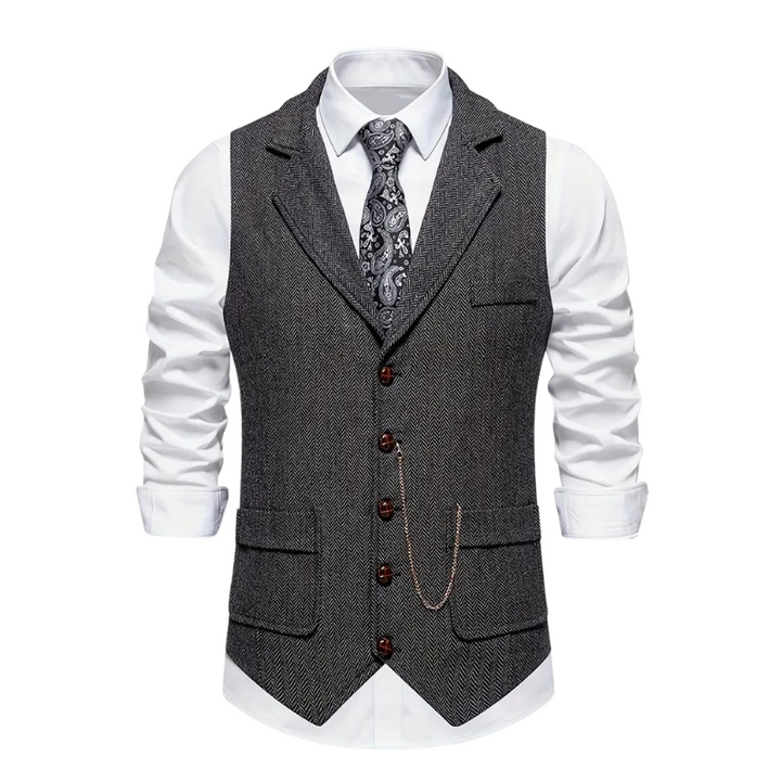 Men's Herringbone Suit Waistcoat with Lapel and Chain Detail