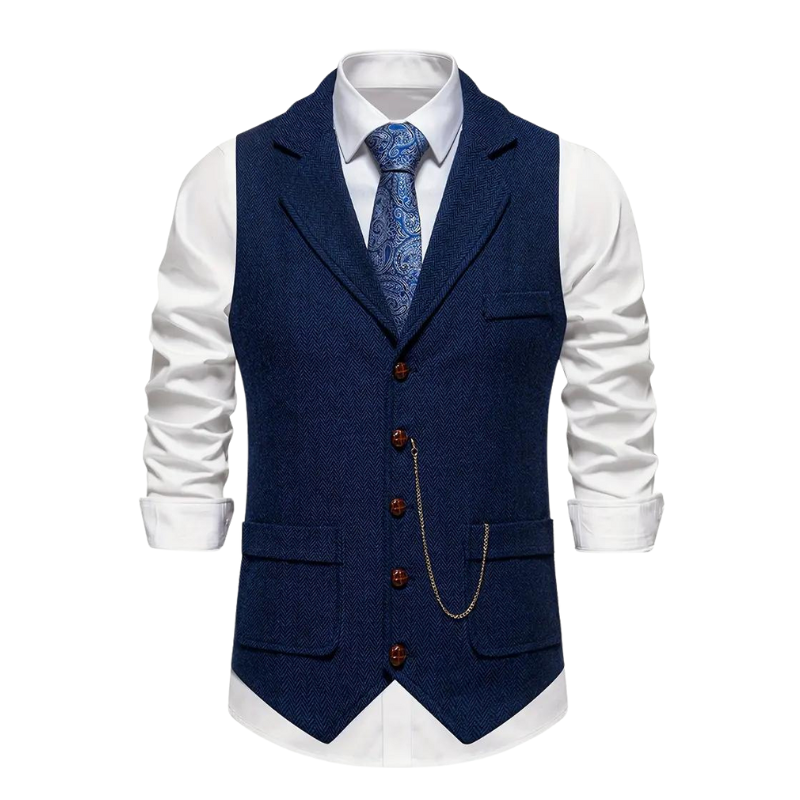 Men's Herringbone Suit Waistcoat with Lapel and Chain Detail