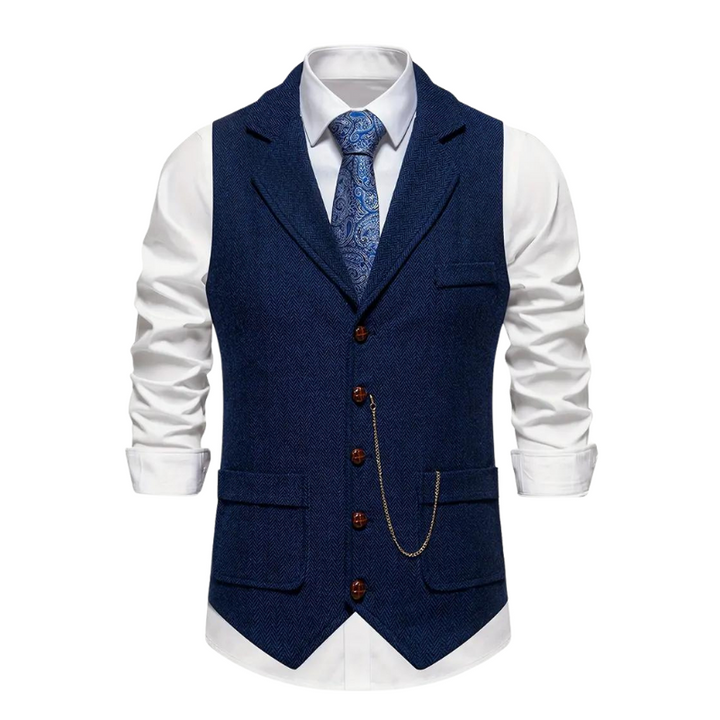 Men's Herringbone Suit Waistcoat with Lapel and Chain Detail