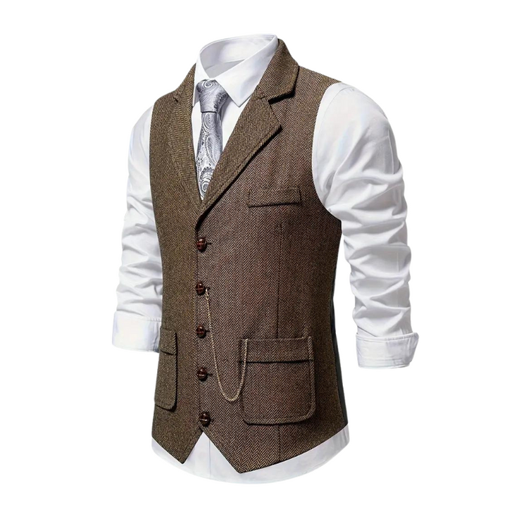 Men's Herringbone Suit Waistcoat with Lapel and Chain Detail
