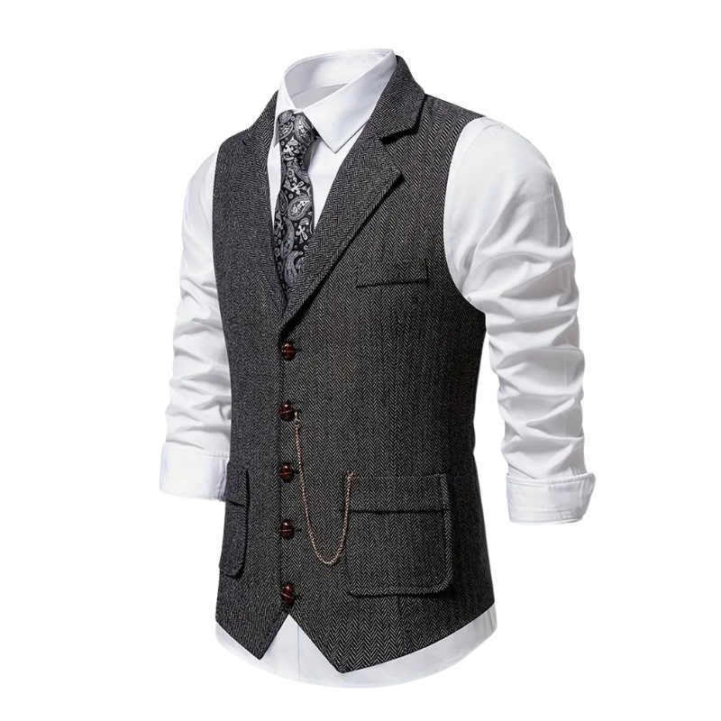 Men's Herringbone Suit Waistcoat with Lapel and Chain Detail