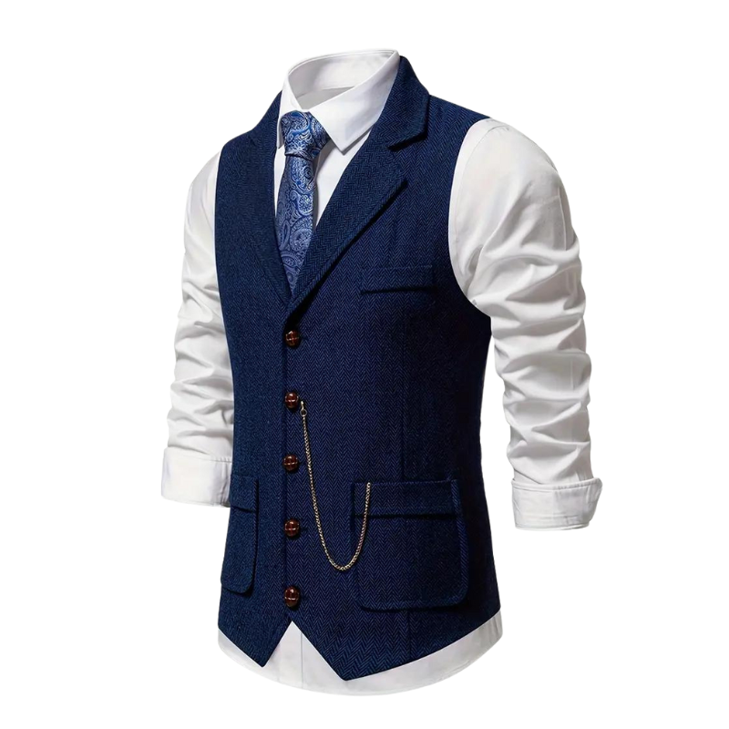 Men's Herringbone Suit Waistcoat with Lapel and Chain Detail