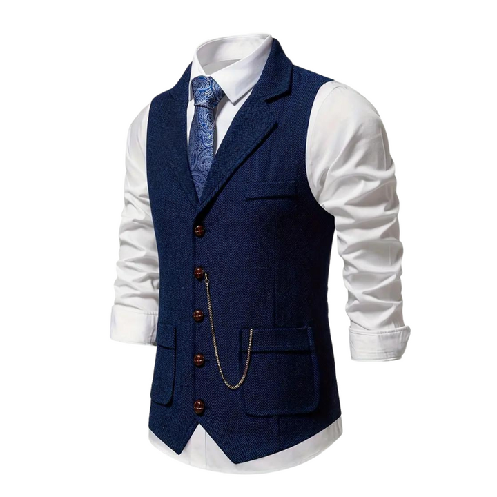 Men's Herringbone Suit Waistcoat with Lapel and Chain Detail