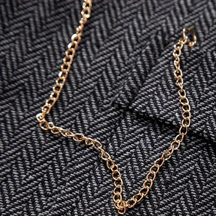 Men's Herringbone Suit Waistcoat with Lapel and Chain Detail