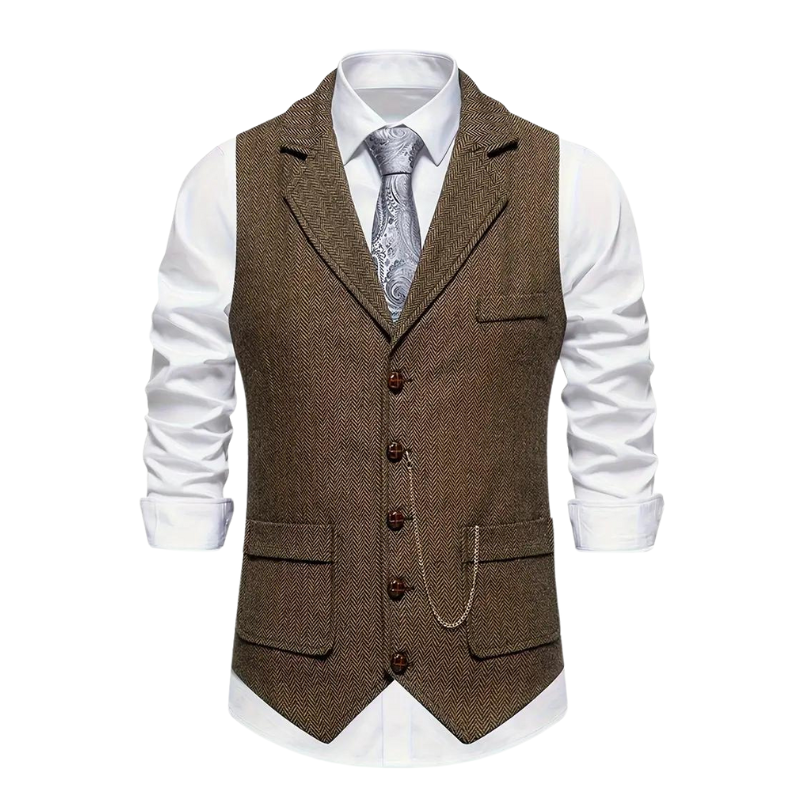 Men's Herringbone Suit Waistcoat with Lapel and Chain Detail