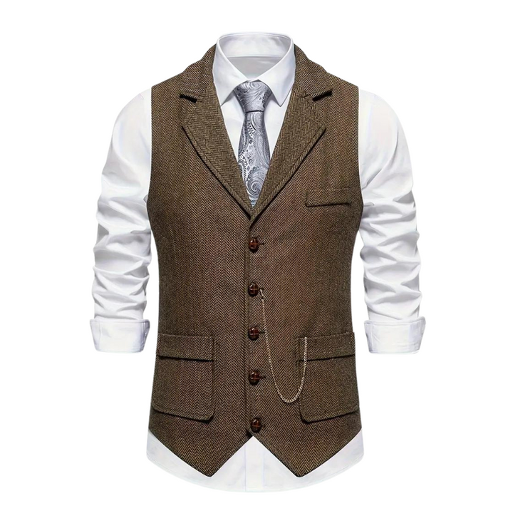 Men's Herringbone Suit Waistcoat with Lapel and Chain Detail