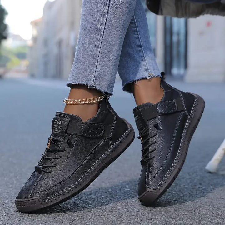 Wide-Fit Cushioned Leather Sneaker for Women with Lace-Up Closure