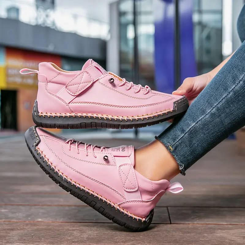 Wide-Fit Cushioned Leather Sneaker for Women with Lace-Up Closure