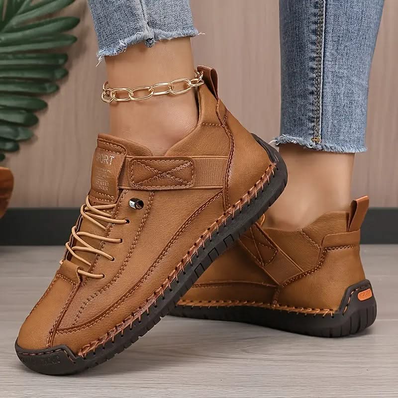 Wide-Fit Cushioned Leather Sneaker for Women with Lace-Up Closure