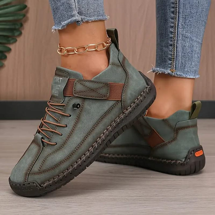 Wide-Fit Cushioned Leather Sneaker for Women with Lace-Up Closure