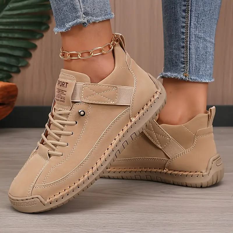 Wide-Fit Cushioned Leather Sneaker for Women with Lace-Up Closure