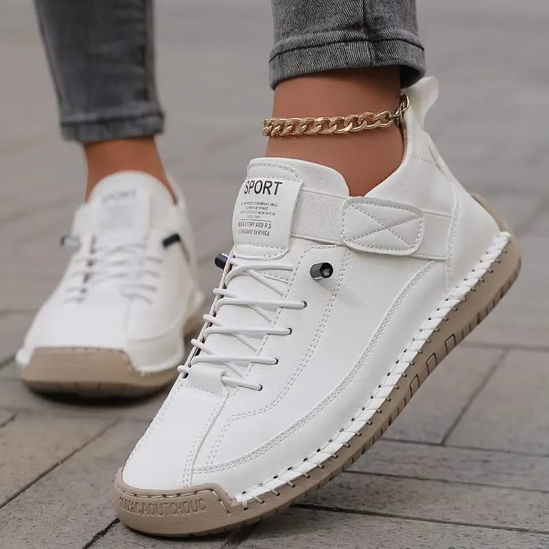 Wide-Fit Cushioned Leather Sneaker for Women with Lace-Up Closure