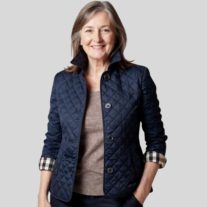 Women's Lightweight Quilted Jacket with Stand Collar and Plaid Cuff Lining