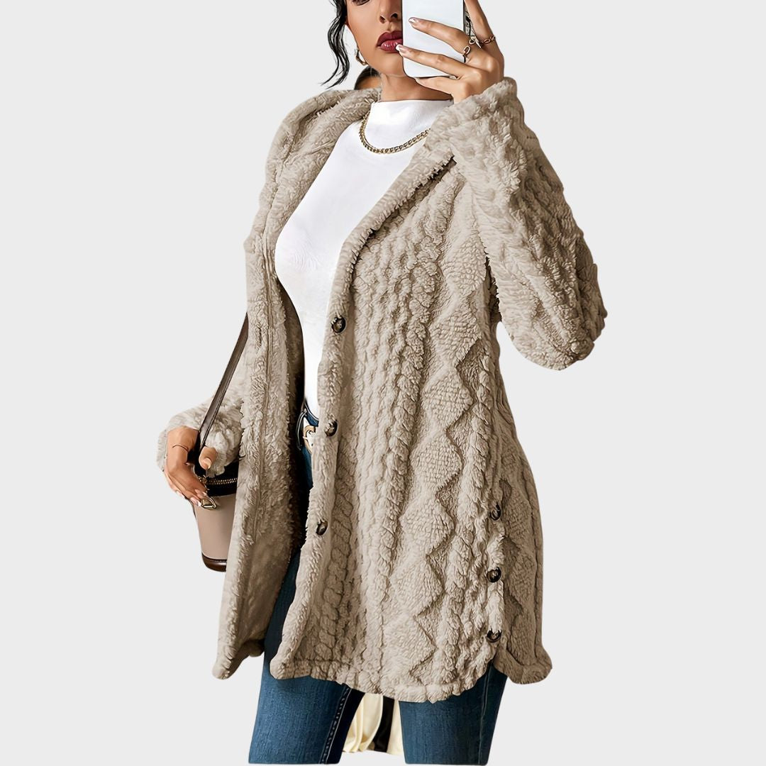 Plush Hooded Cardigan with Cable Texture and Button Front in Cream