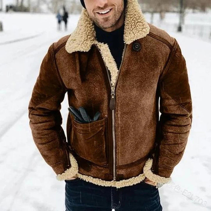Men's Brown Shearling Aviator Jacket with Sherpa Lining and Front Zip