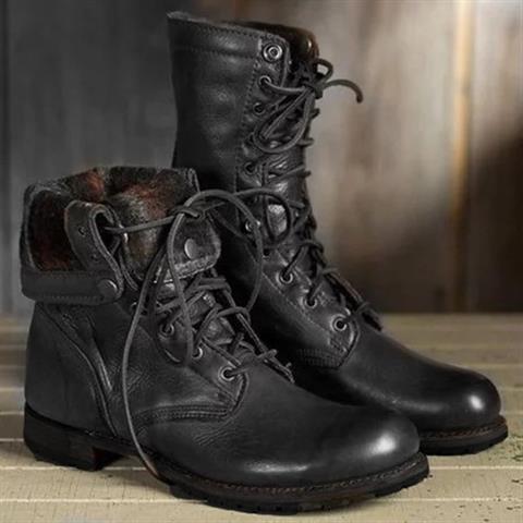 Women's Lace-Up Leather Combat Boots with Fold-Down Cuff and Block Heel
