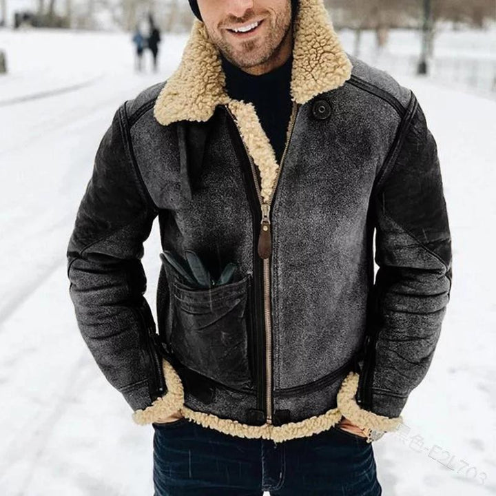 Men's Brown Shearling Aviator Jacket with Sherpa Lining and Front Zip