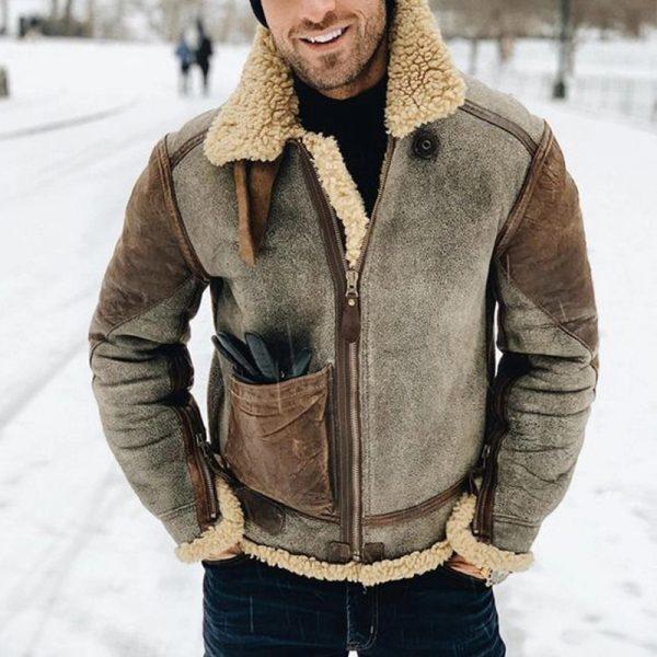 Men's Brown Shearling Aviator Jacket with Sherpa Lining and Front Zip
