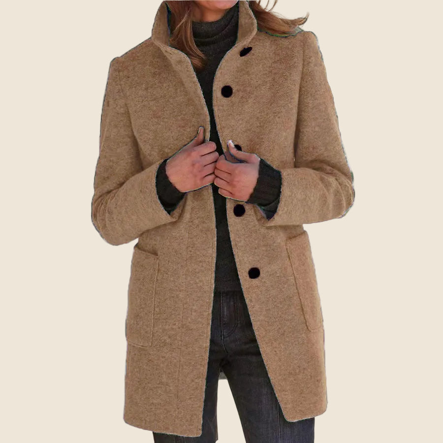 Women's Mid-Length Wool Blend Coat with Stand Collar and Patch Pockets