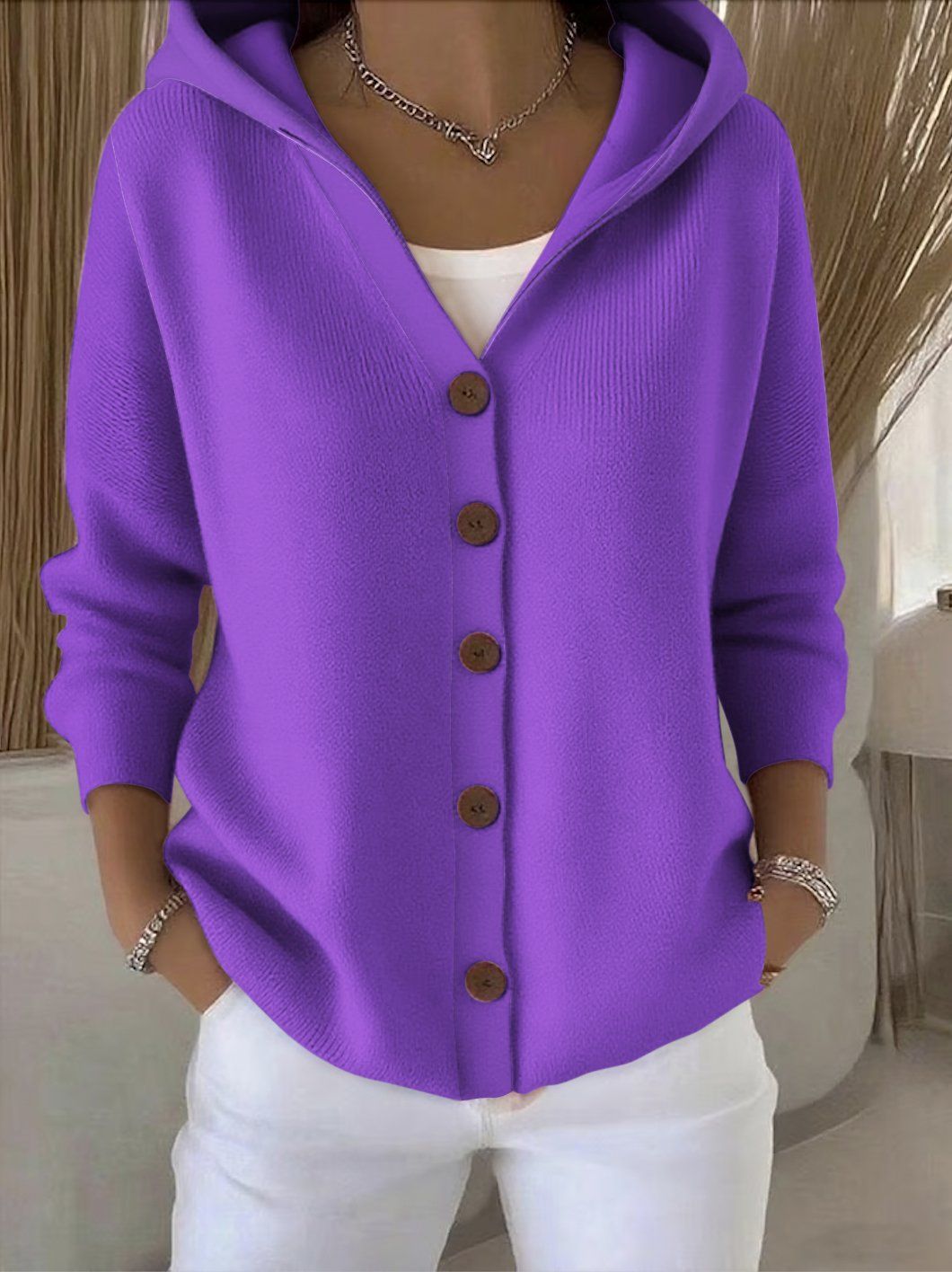 Women's Hooded Button-Front Knit Cardigan in Pink
