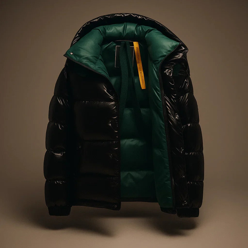 Men's Glossy Blue Hooded Puffer Jacket with Contrast Red Lining