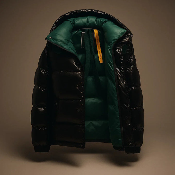 Men's Glossy Blue Hooded Puffer Jacket with Contrast Red Lining