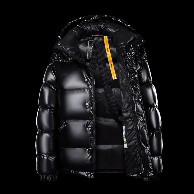 Men's Glossy Blue Hooded Puffer Jacket with Contrast Red Lining