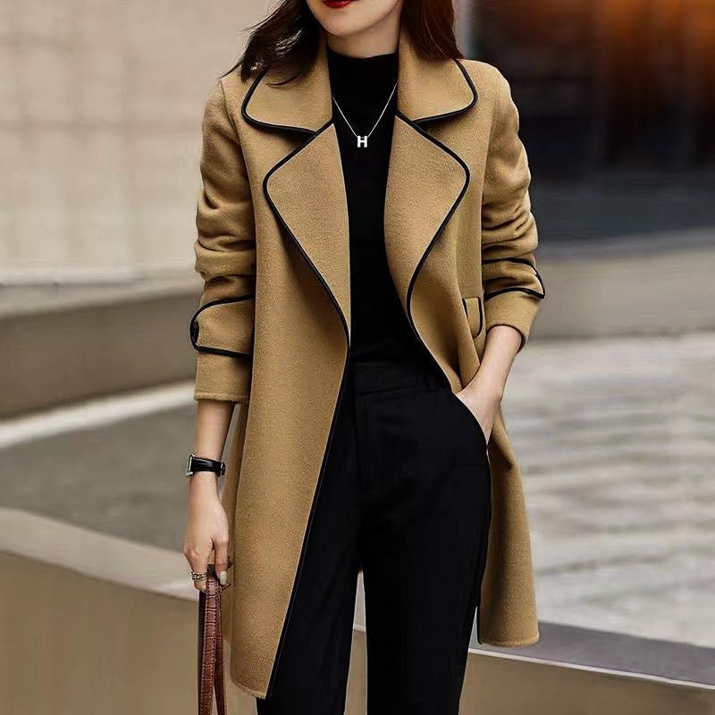 Women's Camel Wool Blend Belted Coat with Contrast Piping and Wide Lapel