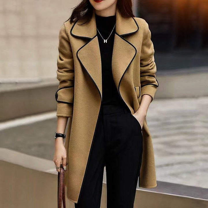 Women's Camel Wool Blend Belted Coat with Contrast Piping and Wide Lapel