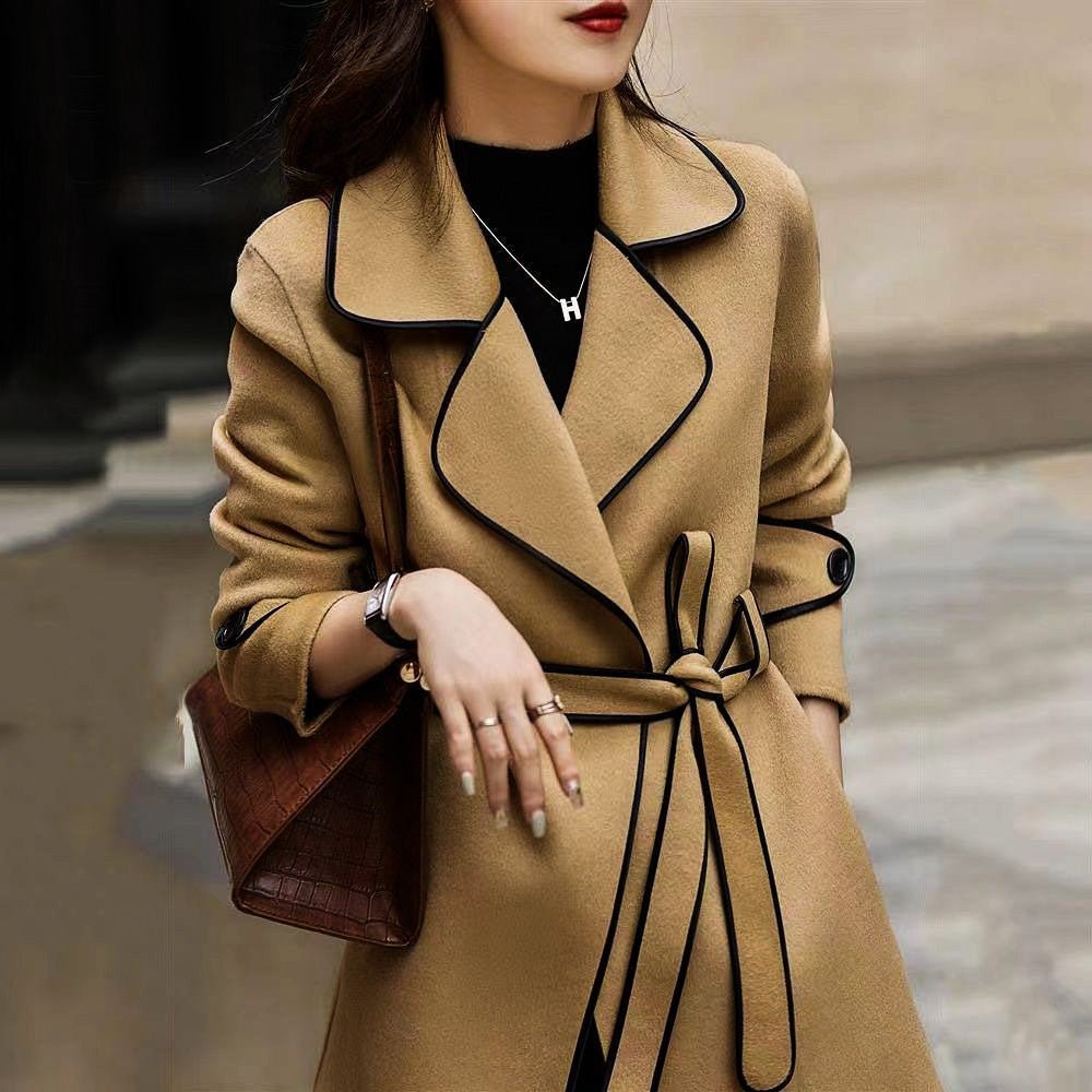 Women's Camel Wool Blend Belted Coat with Contrast Piping and Wide Lapel