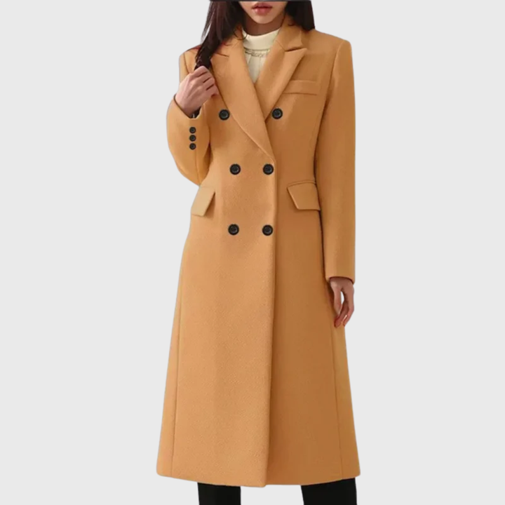 Women's Double-Breasted Long Wool-Blend Overcoat in Camel