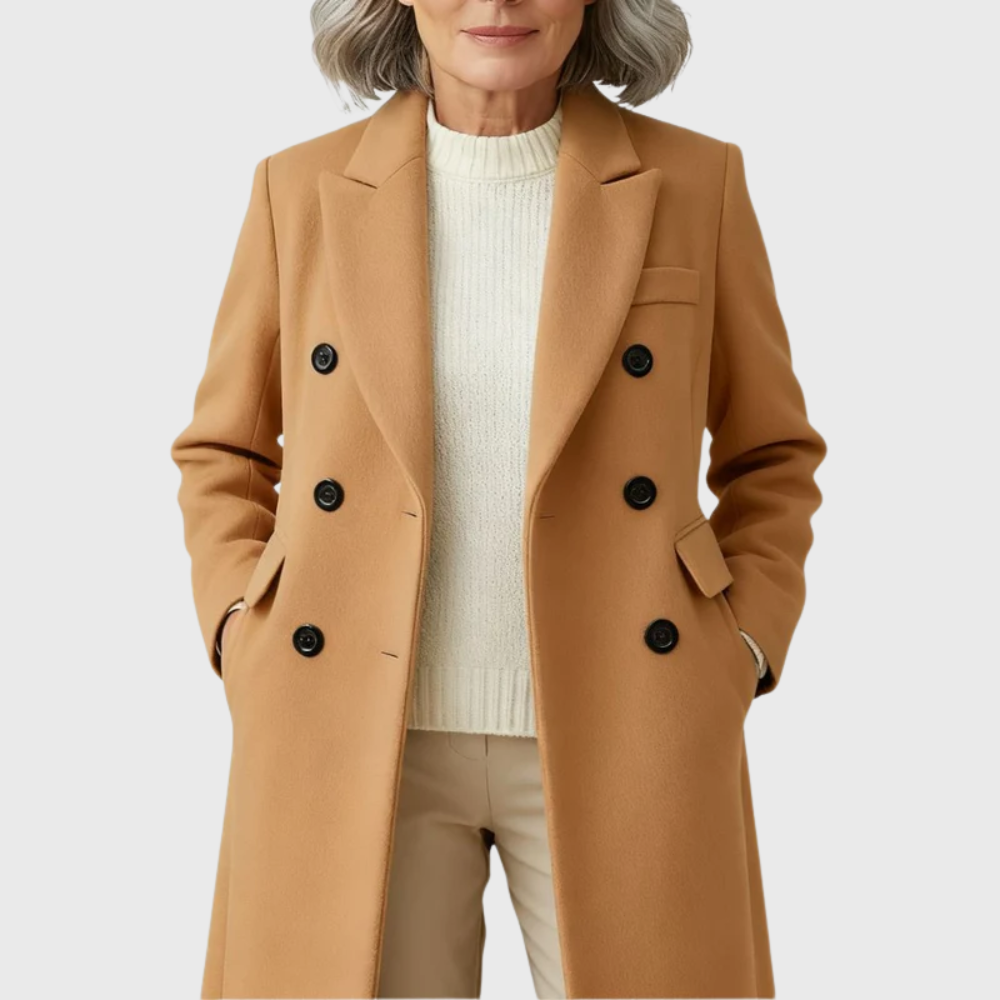 Women's Double-Breasted Long Wool-Blend Overcoat in Camel