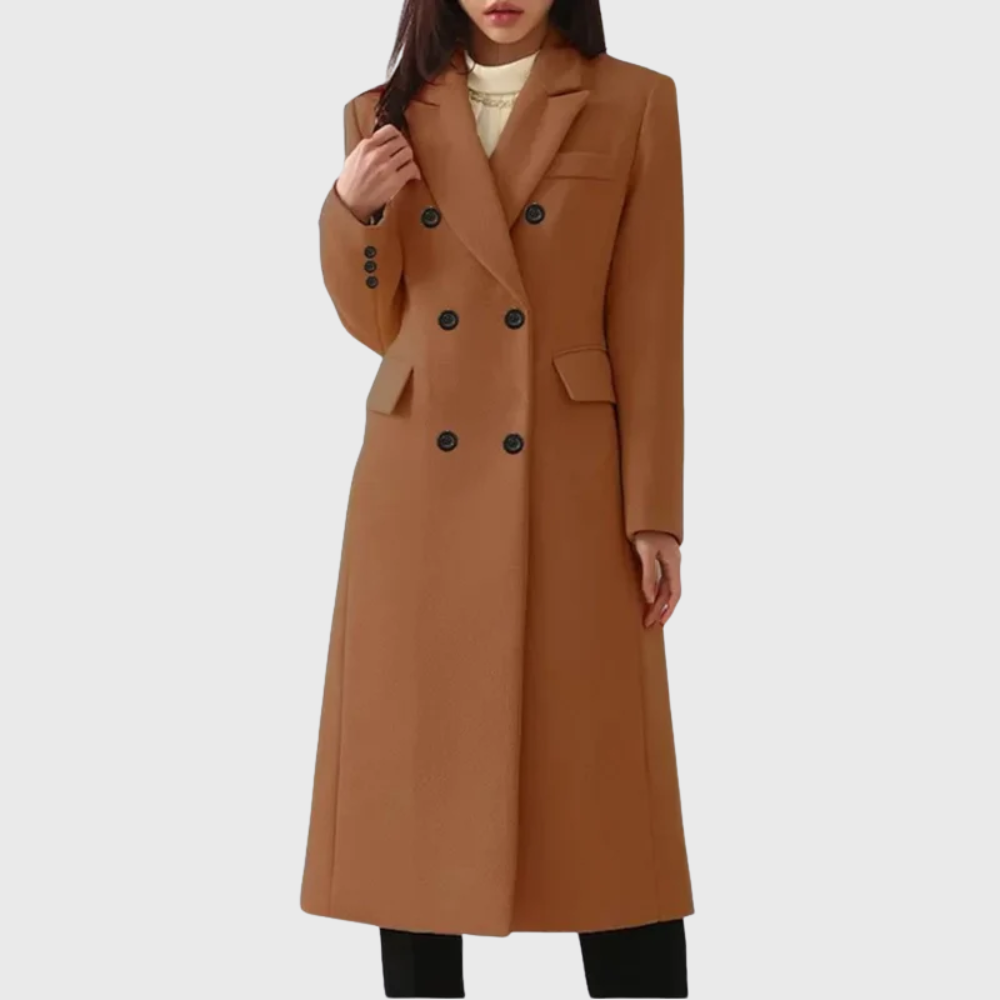 Women's Double-Breasted Long Wool-Blend Overcoat in Camel