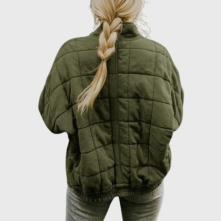Women's Quilted Zip-Up Bomber Jacket with Stand Collar and Front Pockets