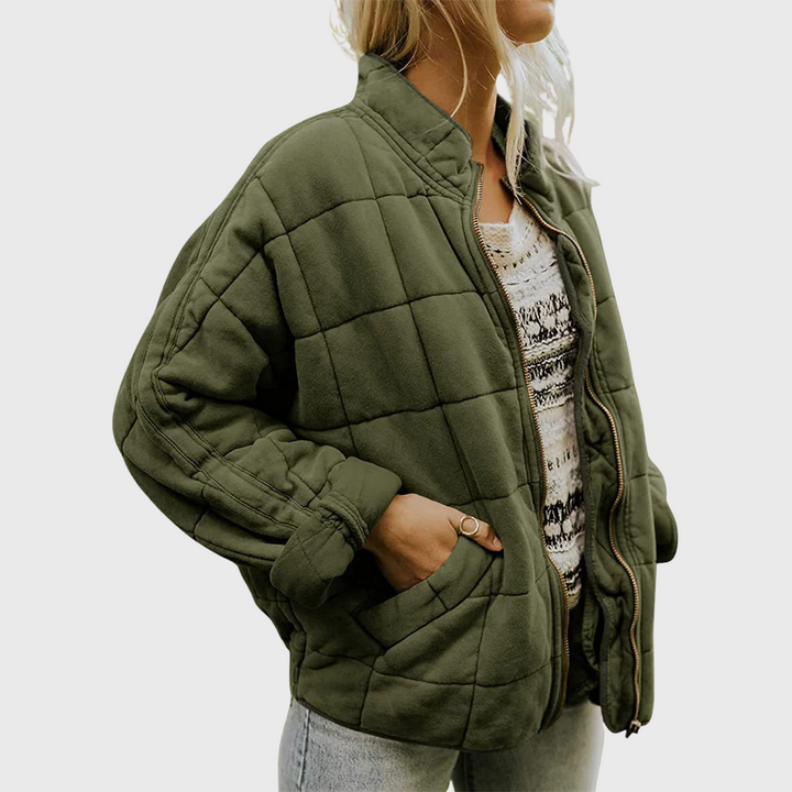 Women's Quilted Zip-Up Bomber Jacket with Stand Collar and Front Pockets