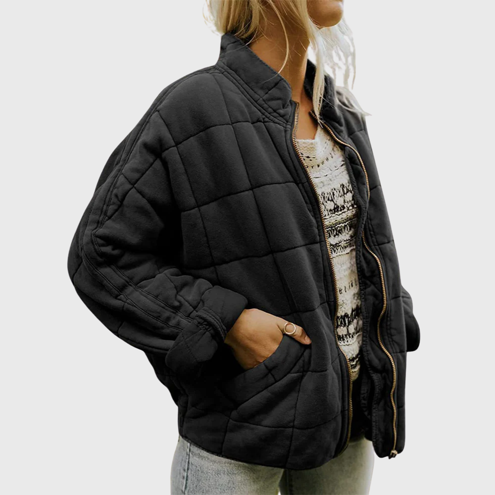 Women's Quilted Zip-Up Bomber Jacket with Stand Collar and Front Pockets