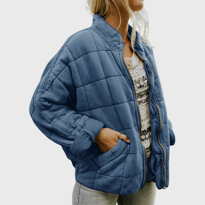 Women's Quilted Zip-Up Bomber Jacket with Stand Collar and Front Pockets