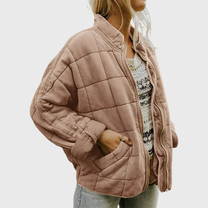 Women's Quilted Zip-Up Bomber Jacket with Stand Collar and Front Pockets