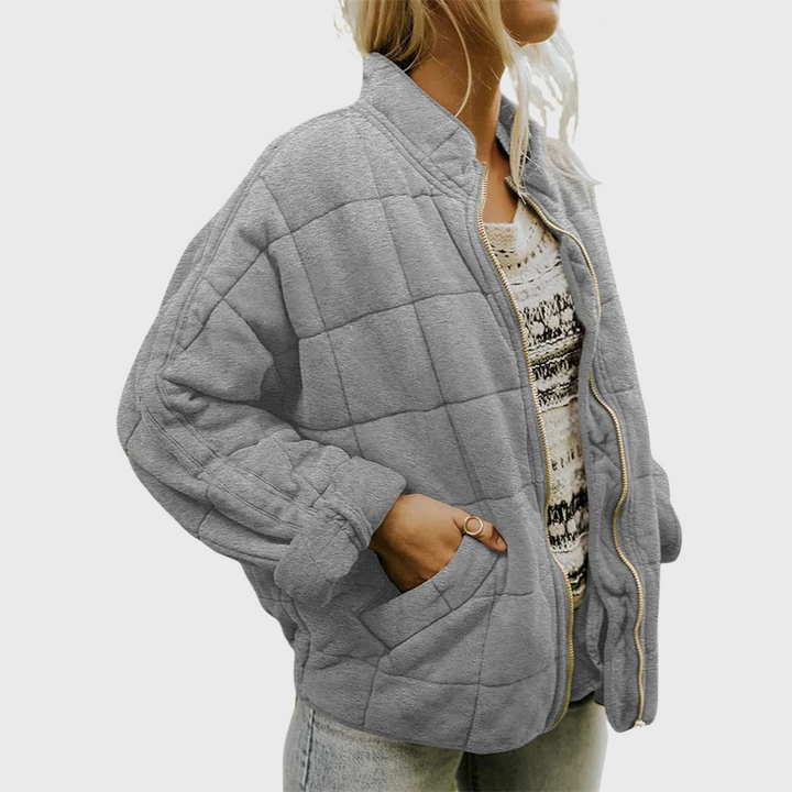 Women's Quilted Zip-Up Bomber Jacket with Stand Collar and Front Pockets