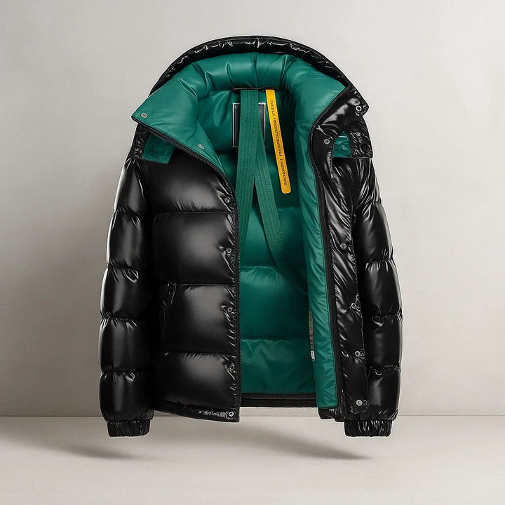 Men's Glossy Blue Hooded Puffer Jacket with Contrast Red Lining