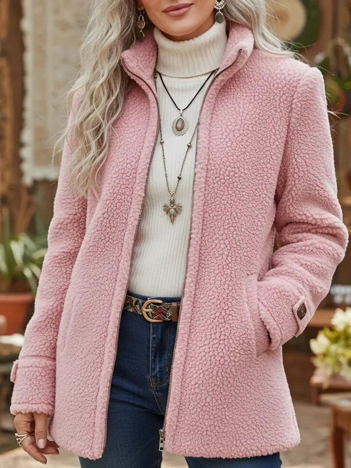 Women's Relaxed Fit Teddy Fleece Zip-Up Jacket with Stand Collar
