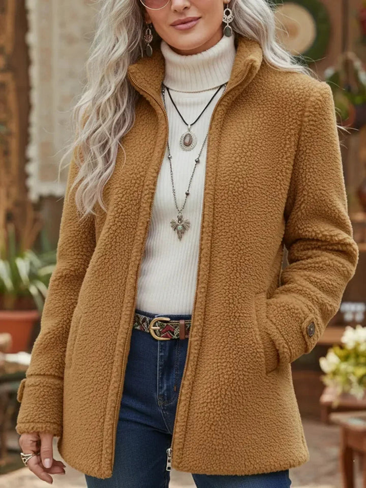 Women's Relaxed Fit Teddy Fleece Zip-Up Jacket with Stand Collar
