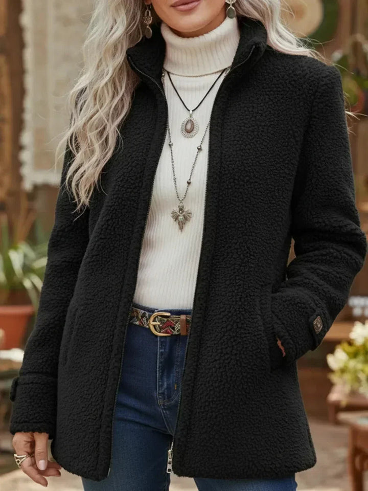 Women's Relaxed Fit Teddy Fleece Zip-Up Jacket with Stand Collar