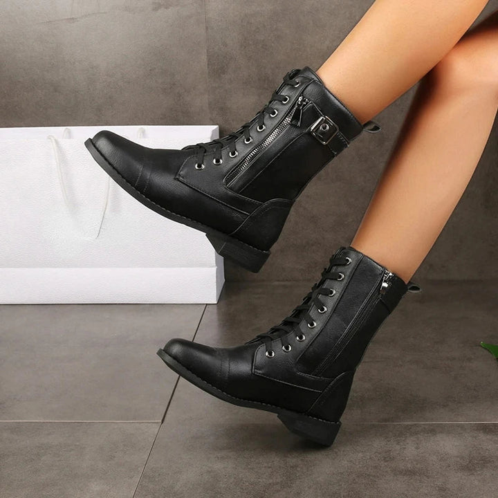 Women's Lace-Up Mid-Calf Combat Boots with Side Zipper and Buckle Detail