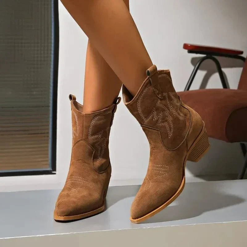 Sierra Belle Women's Tan Faux Suede Western Cowboy Ankle Boots with Embroidery