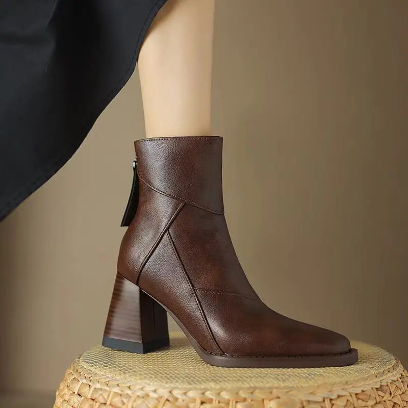 Meredith Women's Black Block Heel Ankle Boots with Square Toe