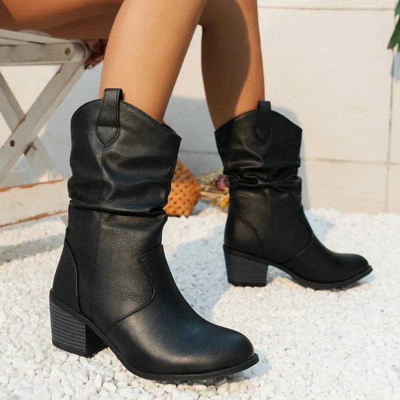 Silvana Women's Slouchy Western Mid-Calf Boots with Block Heel in Tan Brown